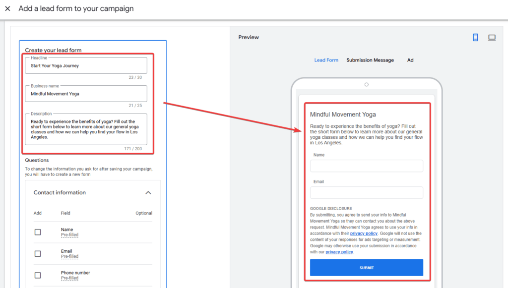 Lead Form Sample For Yoga Ad