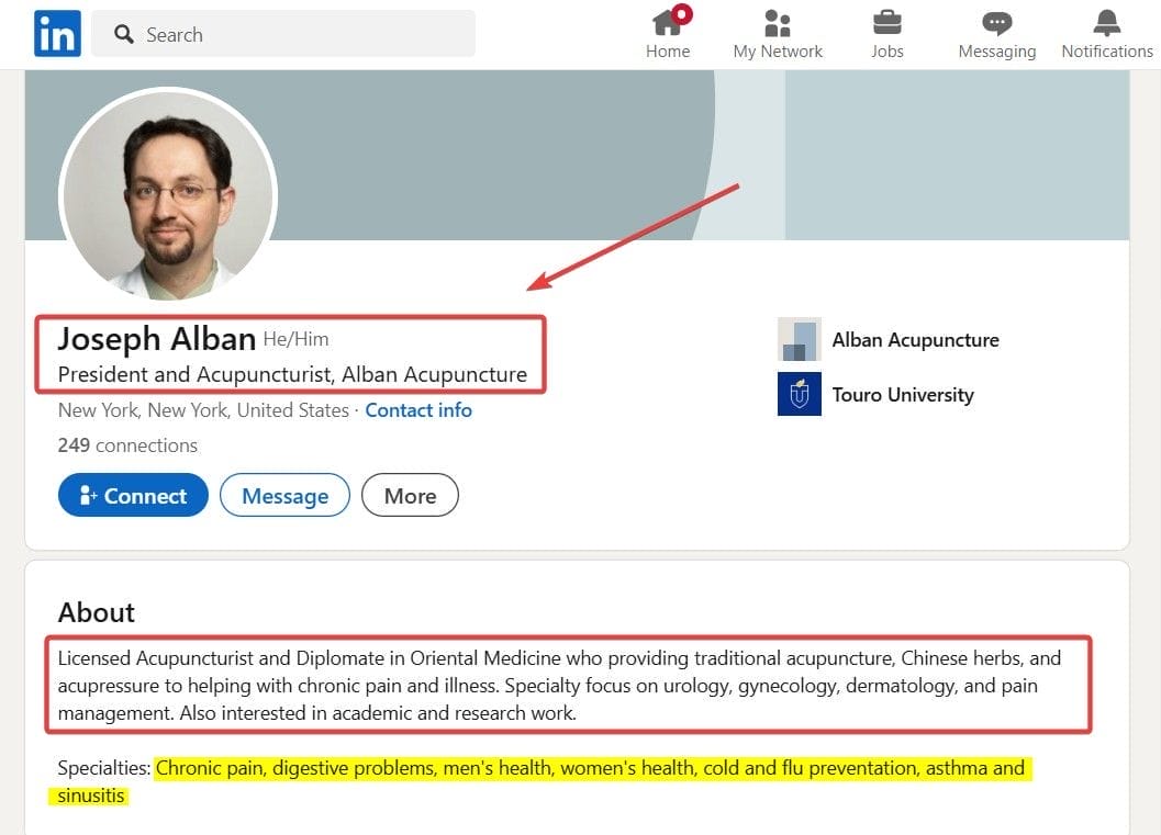 LinkedIn Acupuncturists Profile