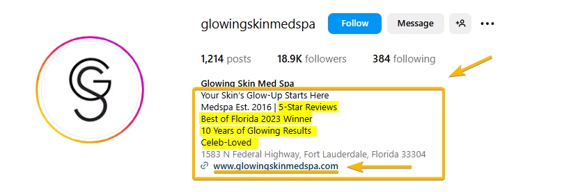Instagram Bio for Med Spa Sample