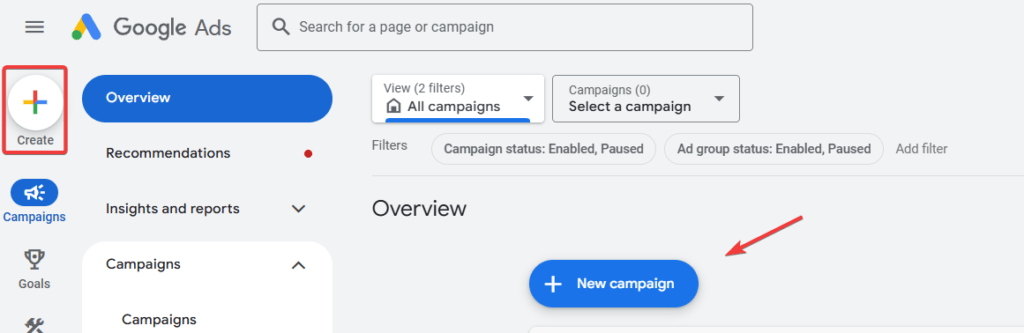 Google Ads New Campaign Button