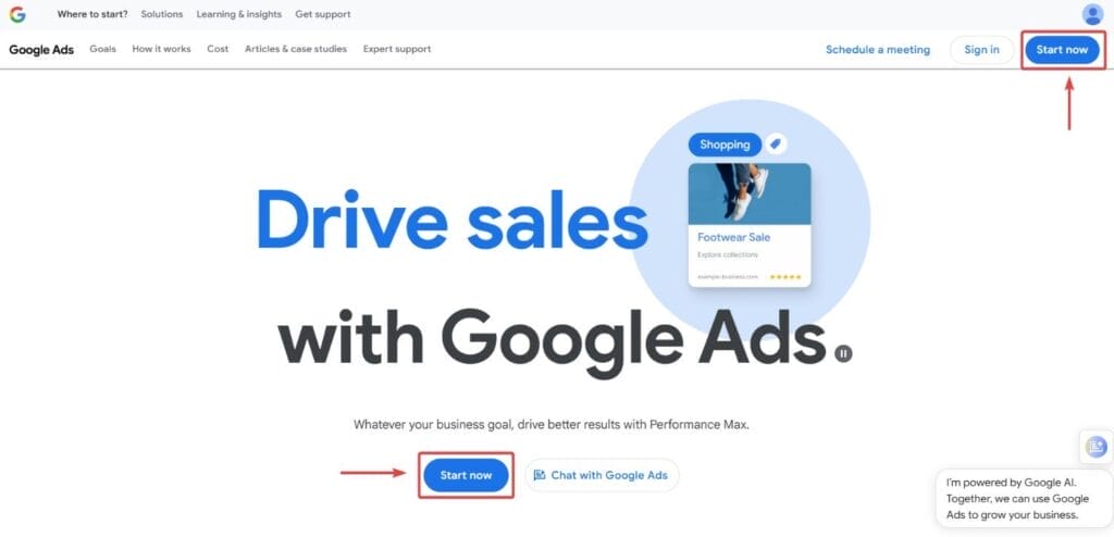 Google Ads Start Now Button