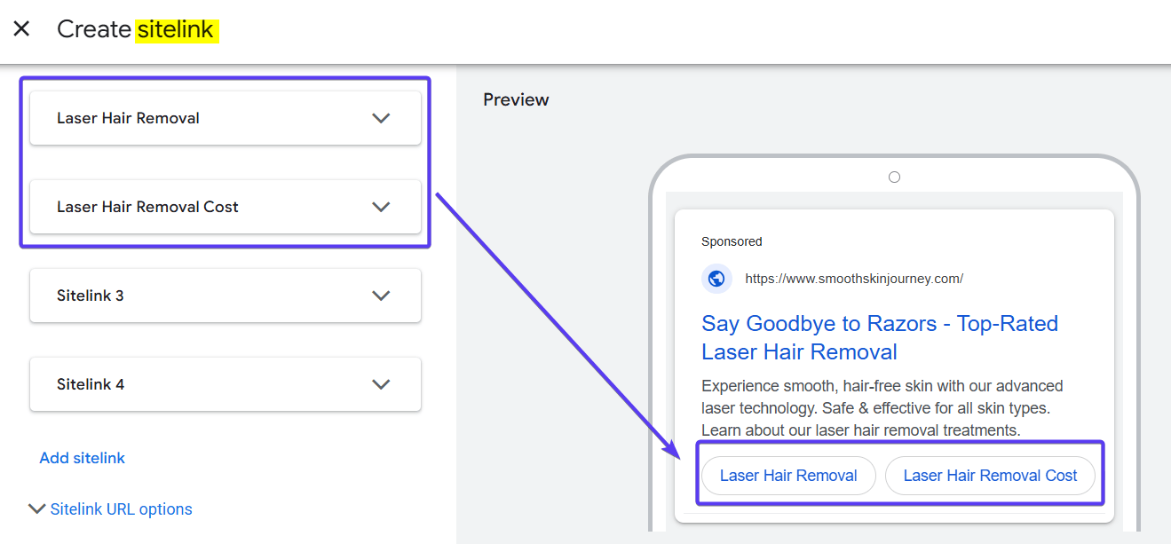 Ad Copy Sitelinks Sample