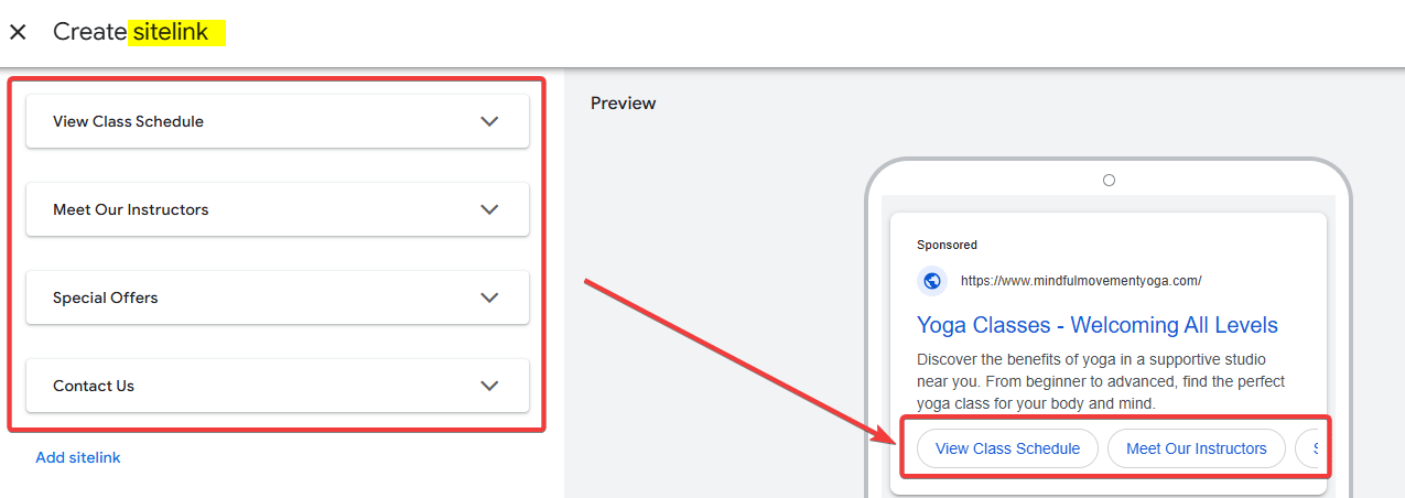 Google Ad copy Sitelinks Sample
