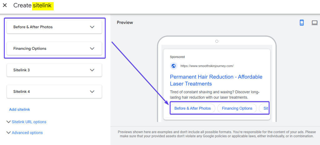 Ad Copy A/B Test Sitelinks