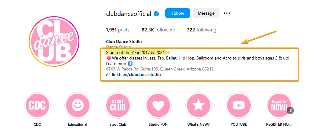 Instagram Dance Studio Bio Sample