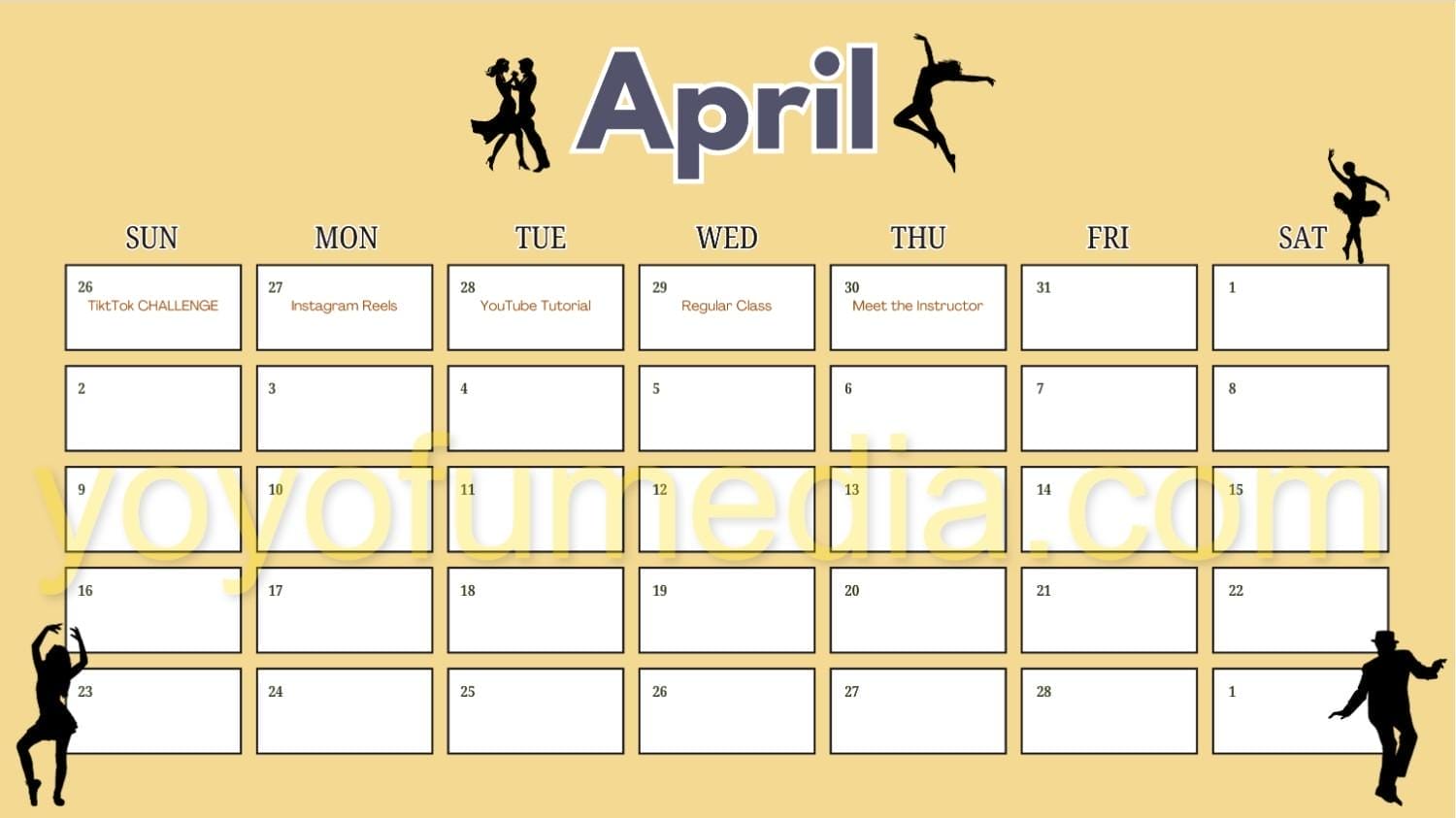 Social Media Content Calendar Sample for Dance Studios | Social Media Marketing for Dance Studios