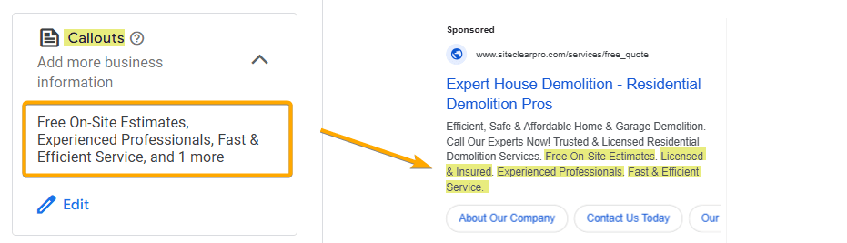 Callouts Ad Copy Sample