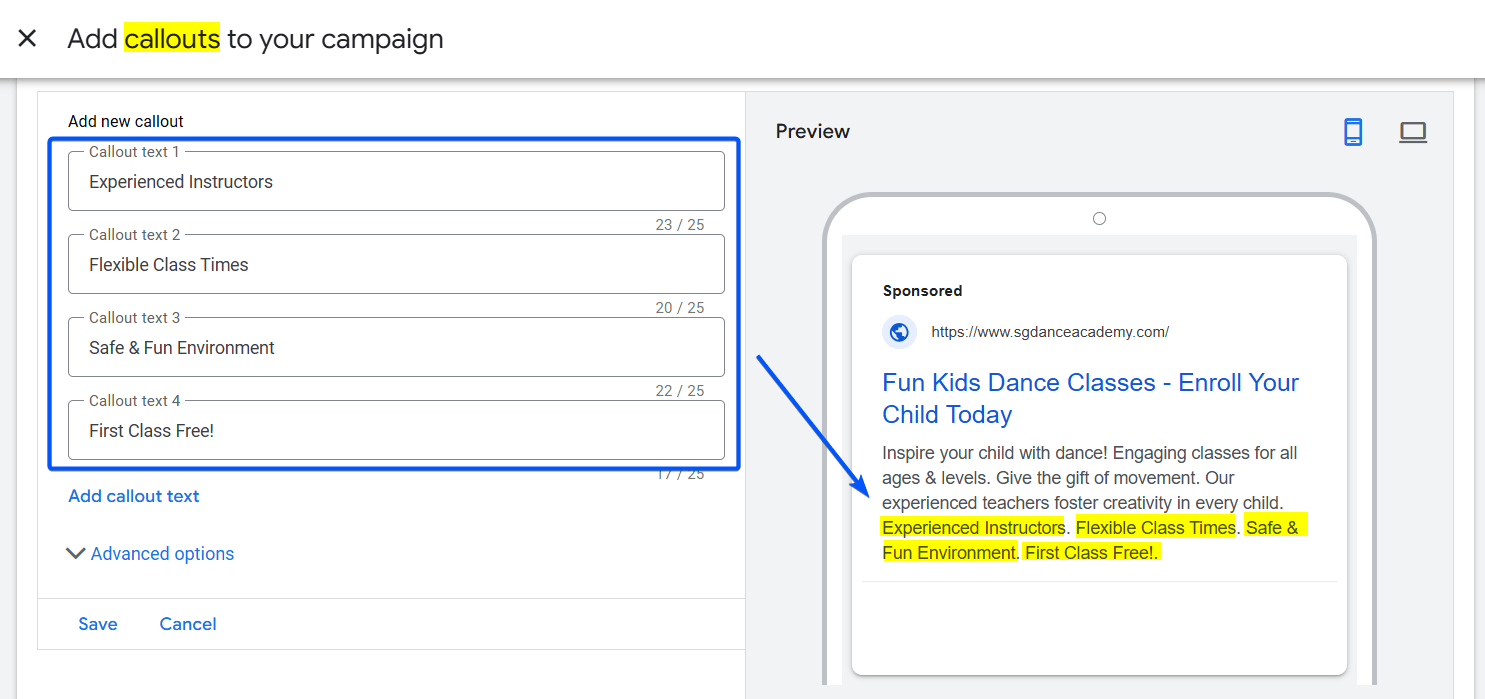 Callouts Ad Copy Sample