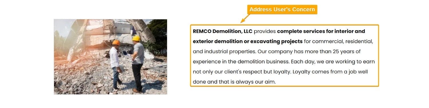 Demolition Companies Landing Page Sample- Address User's Concern