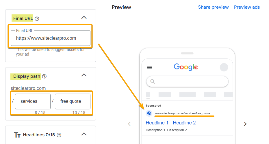 Final URL and Display Path Ad Copy Sample