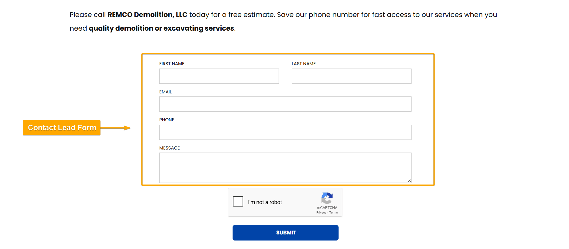 Demolition Companies Landing Page Sample- Contact Lead Form