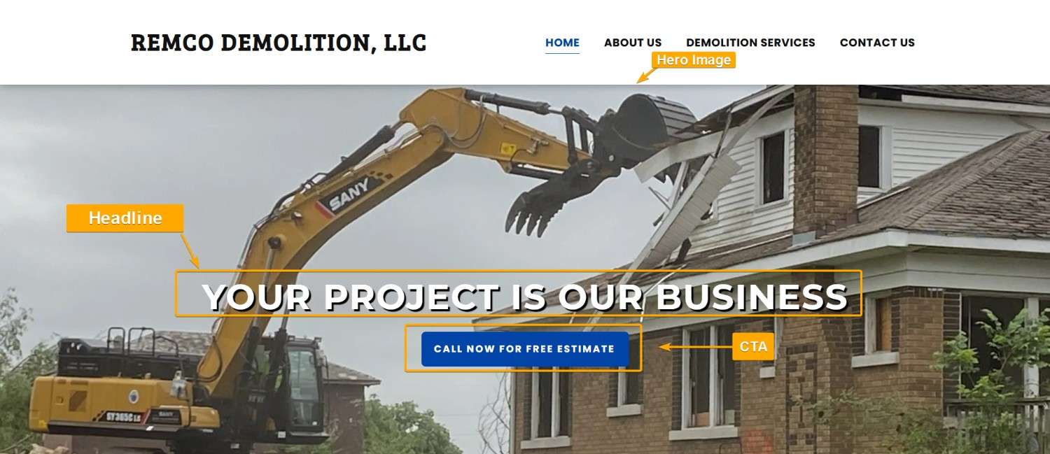 Google Ads for Demolition Companies Landing Page Sample- Headline, CTA, Hero Image
