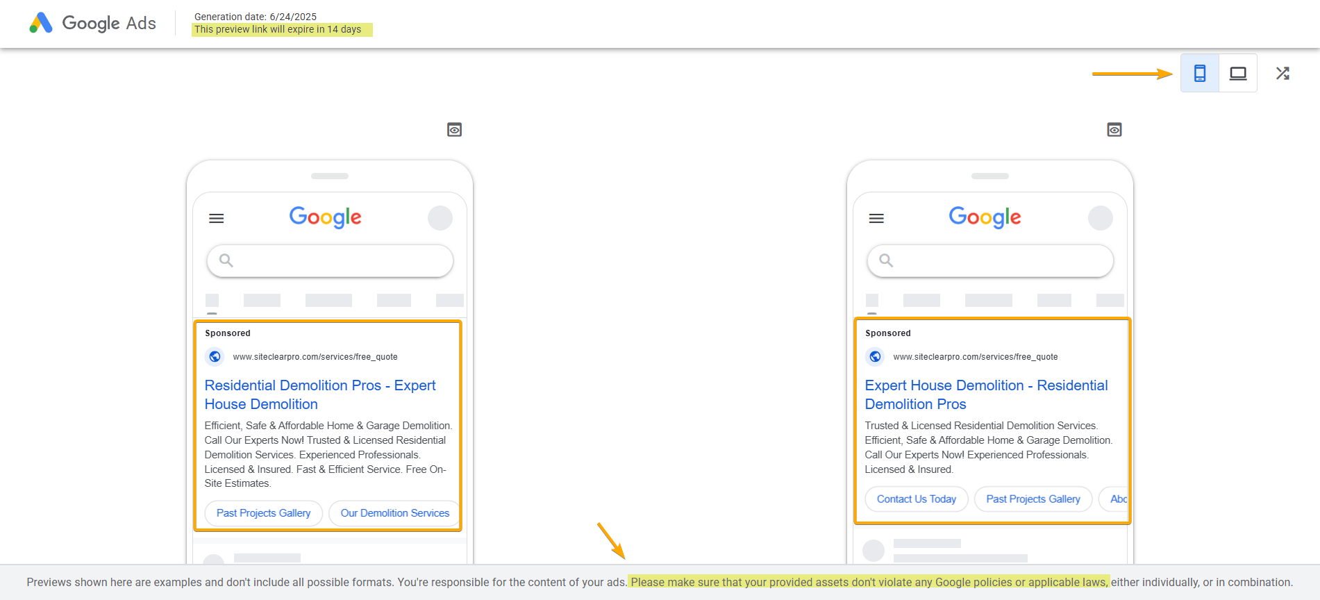 Google Ads Mobile Preview 