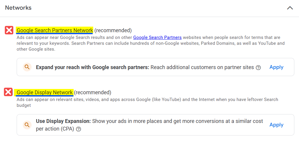 Networks Settings for Google Ads for Dance Studios