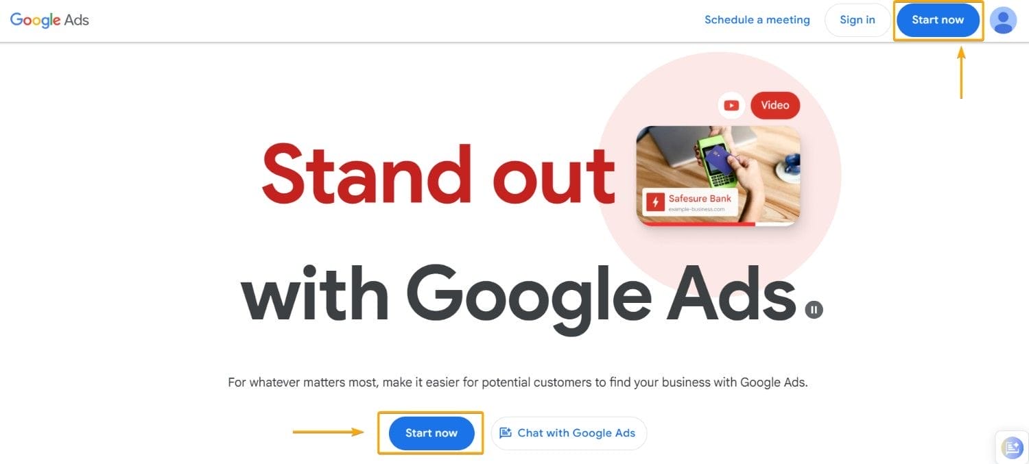 Google Ads Start Now Button