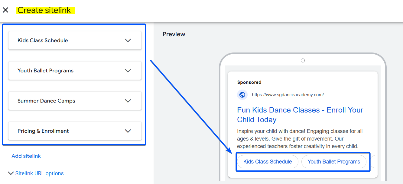 Sitelinks Ad Copy Sample