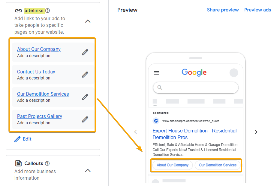 Sitelinks Ad Copy Sample