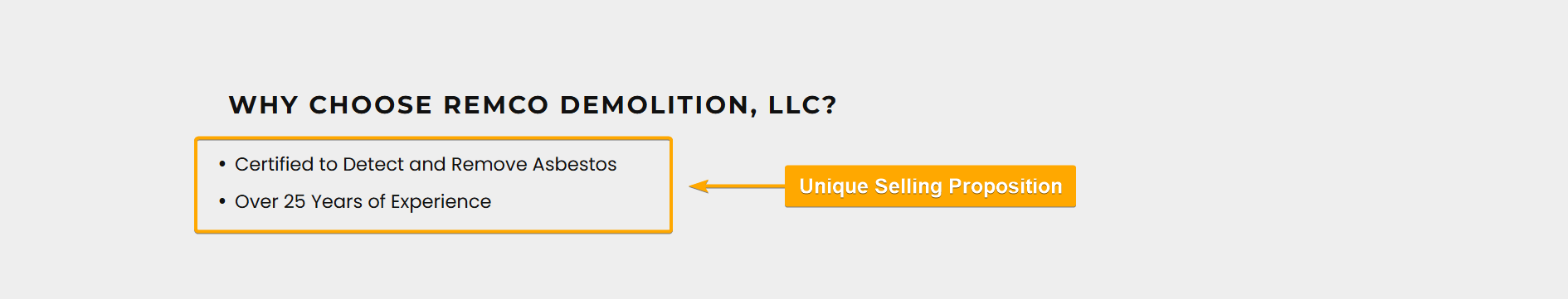 Demolition Companies Landing Page Sample- Unique Selling Proposition