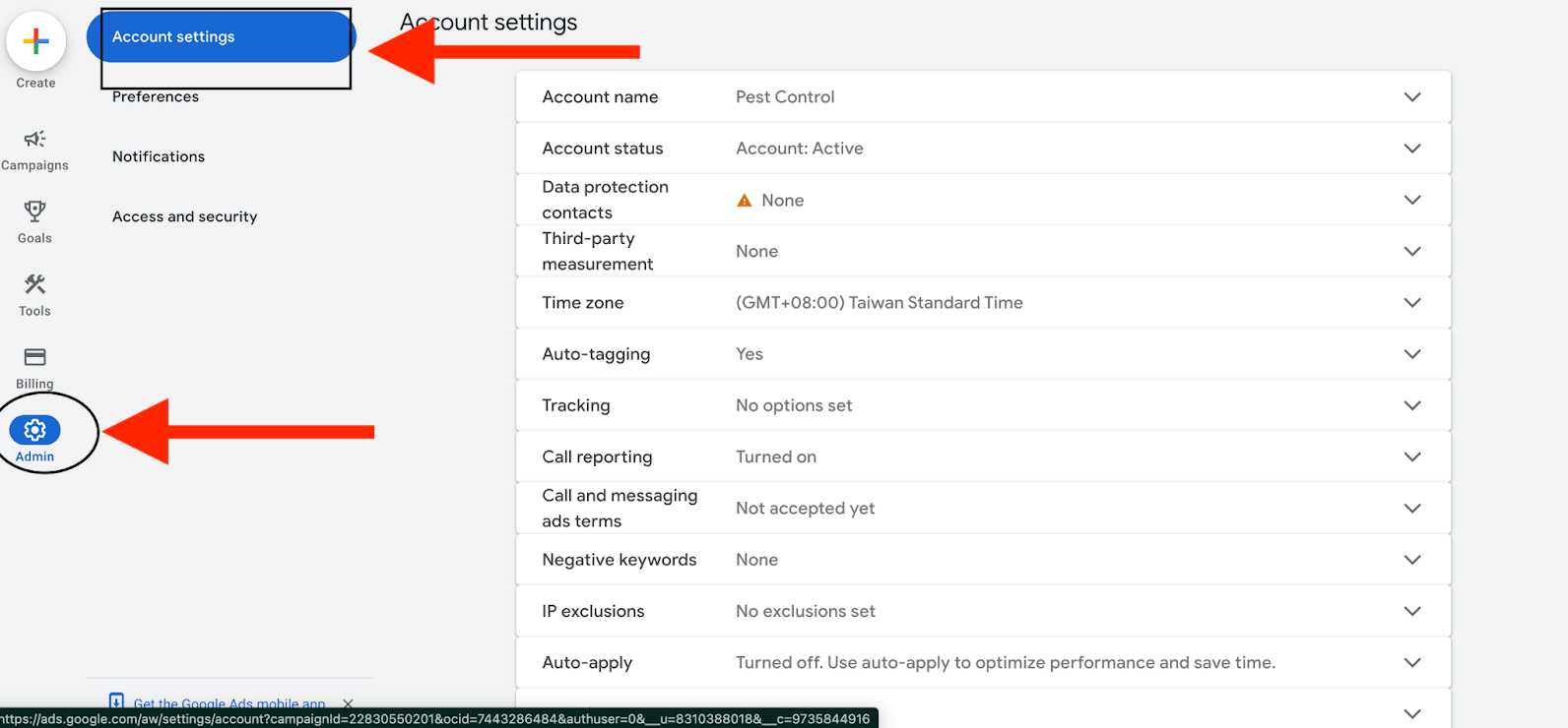 admin account settings