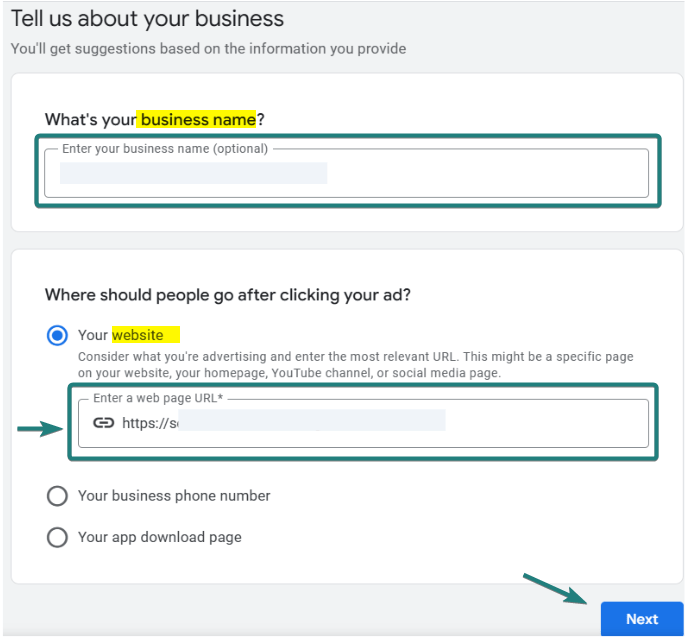 Business name and URL