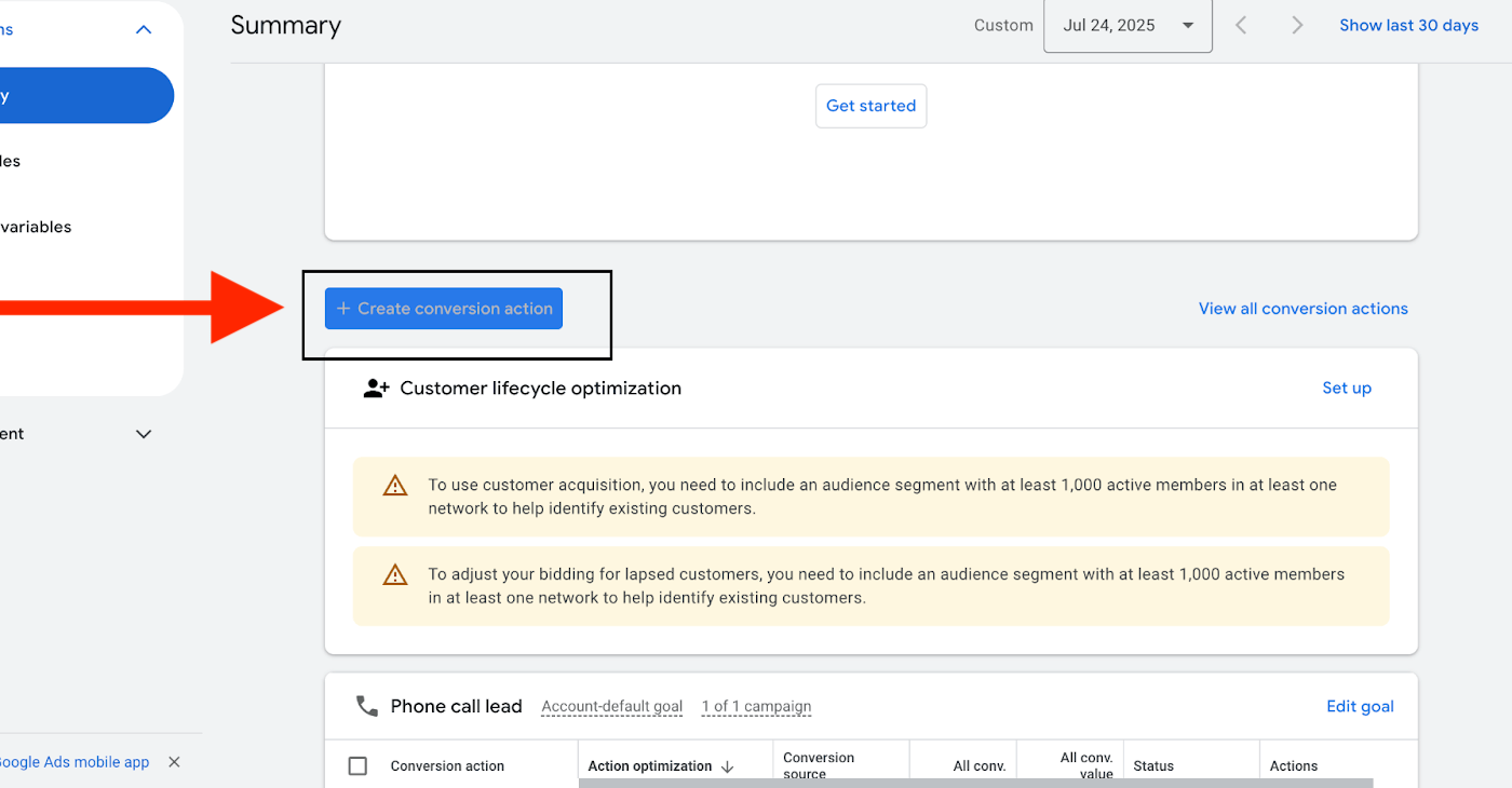 create conversion action