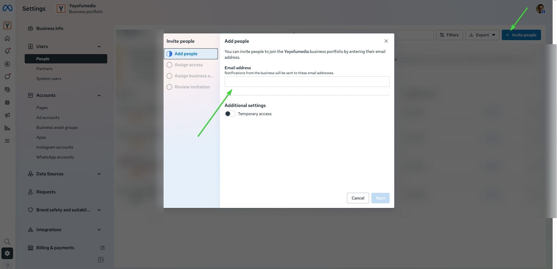 enter email address and name of people you want to invite to your meta business