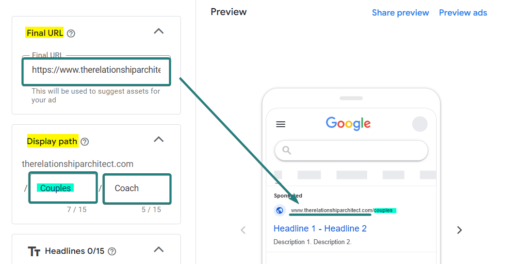 Final URL and Display Path Ad Copy Sample