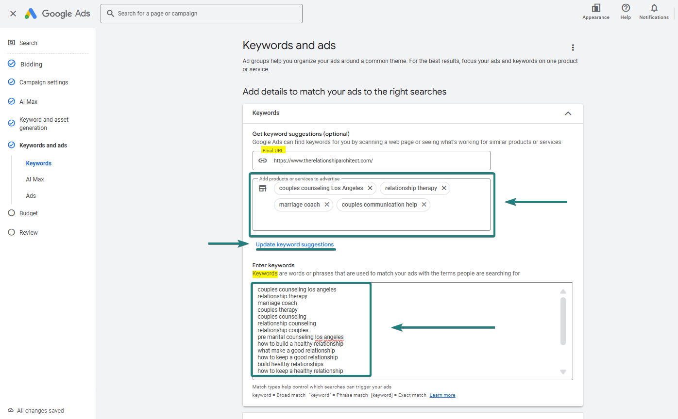 Adding Keywords for Google Ads Relationship Coach campaign 