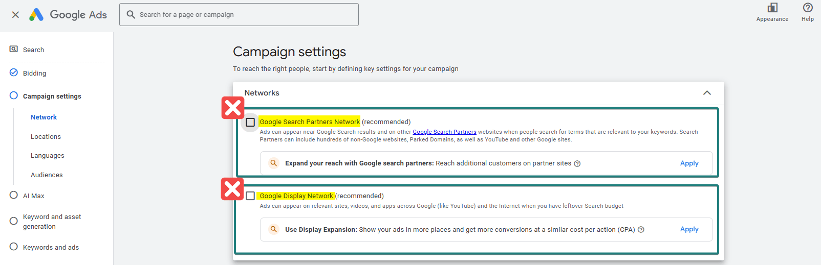 Google Ads Network Setting for Starters