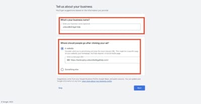 put in business name and website url