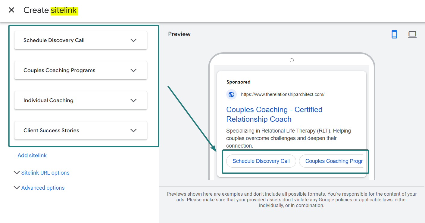 Sitelinks Ad Copy Sample