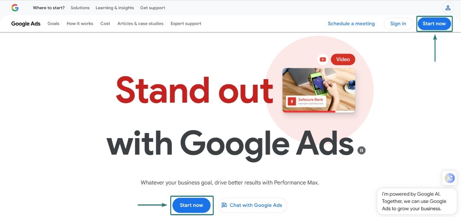 Google Ads Website Start Now Button