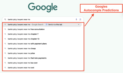 googles autocomplete predictions for bankruptcy lawyers