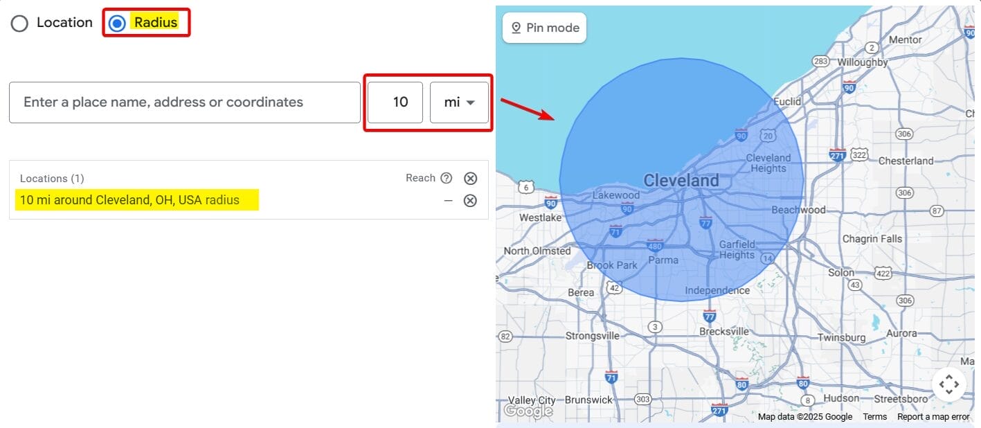 10-mile radius from Cleveland, Ohio