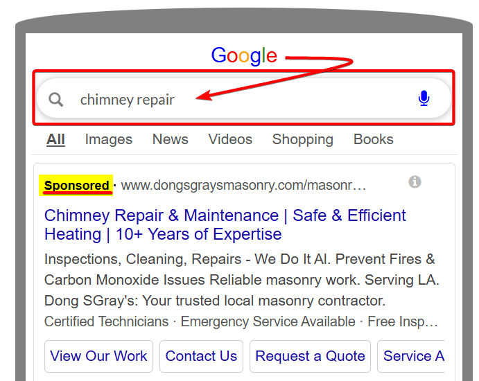 Google Ads for Masonry Chimney Repair Ad Copy Sample