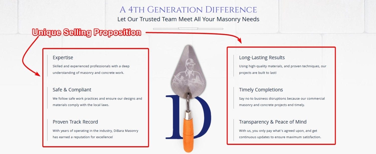 Unique Selling Proposition Landing Page Sample - Google Ads for Masonry