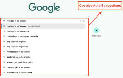 Googles auto suggestion for med spas