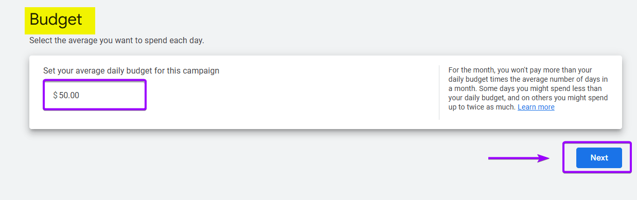 Google Ads Campaign Budget setting screen, showing the field to enter the average daily budget for the rehabilitation campaign.