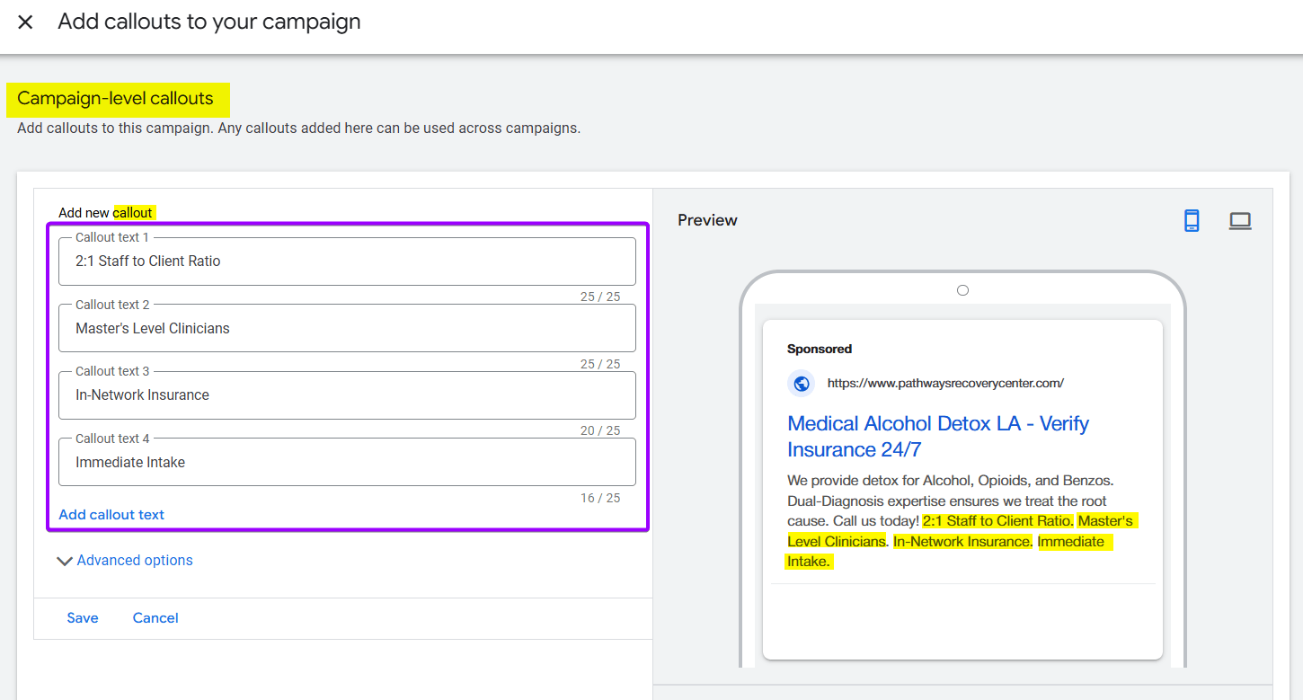 Google Ads Responsive Search Ad creation screen, showing the five custom Callout Extensions (e.g., 2:1 Staff Ratio) added for credibility