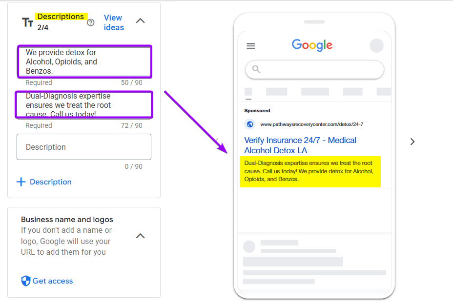 Google Ads Responsive Search Ad creation screen, showing Descriptions completed with copy focused on urgency and insurance