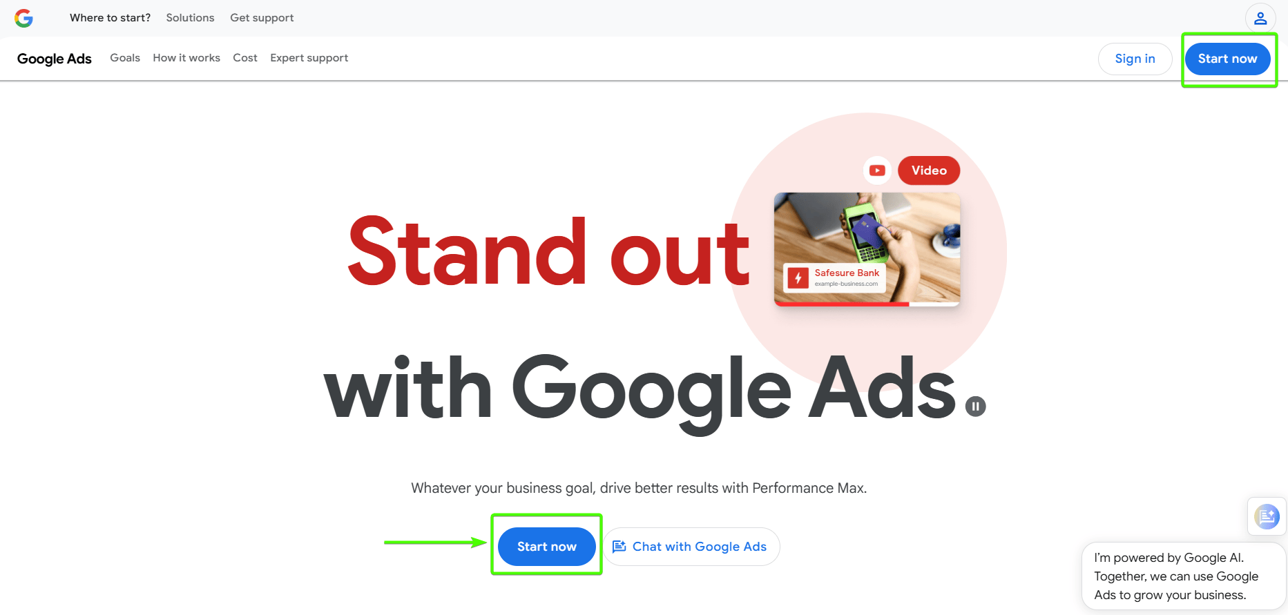 Google Ads Website Start Now Button