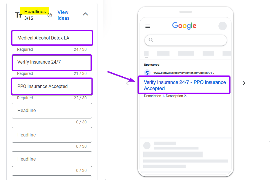 Google Ads Responsive Search Ad creation screen, showing the Headlines for the high-intent keywords in the Detox Ad Group