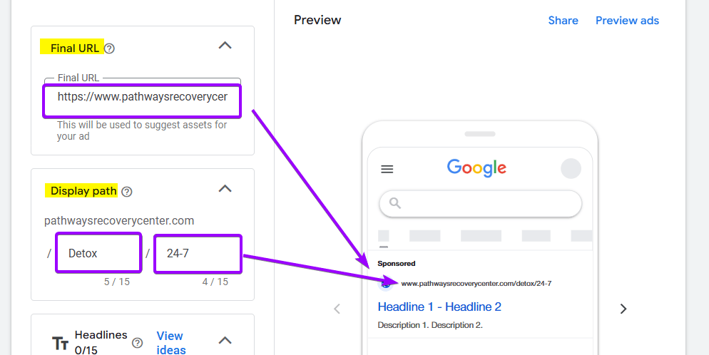 Google Ads Responsive Search Ad creation screen, showing the Final URL and Display Path fields completed for a rehabilitation center's Detox Ad Group.