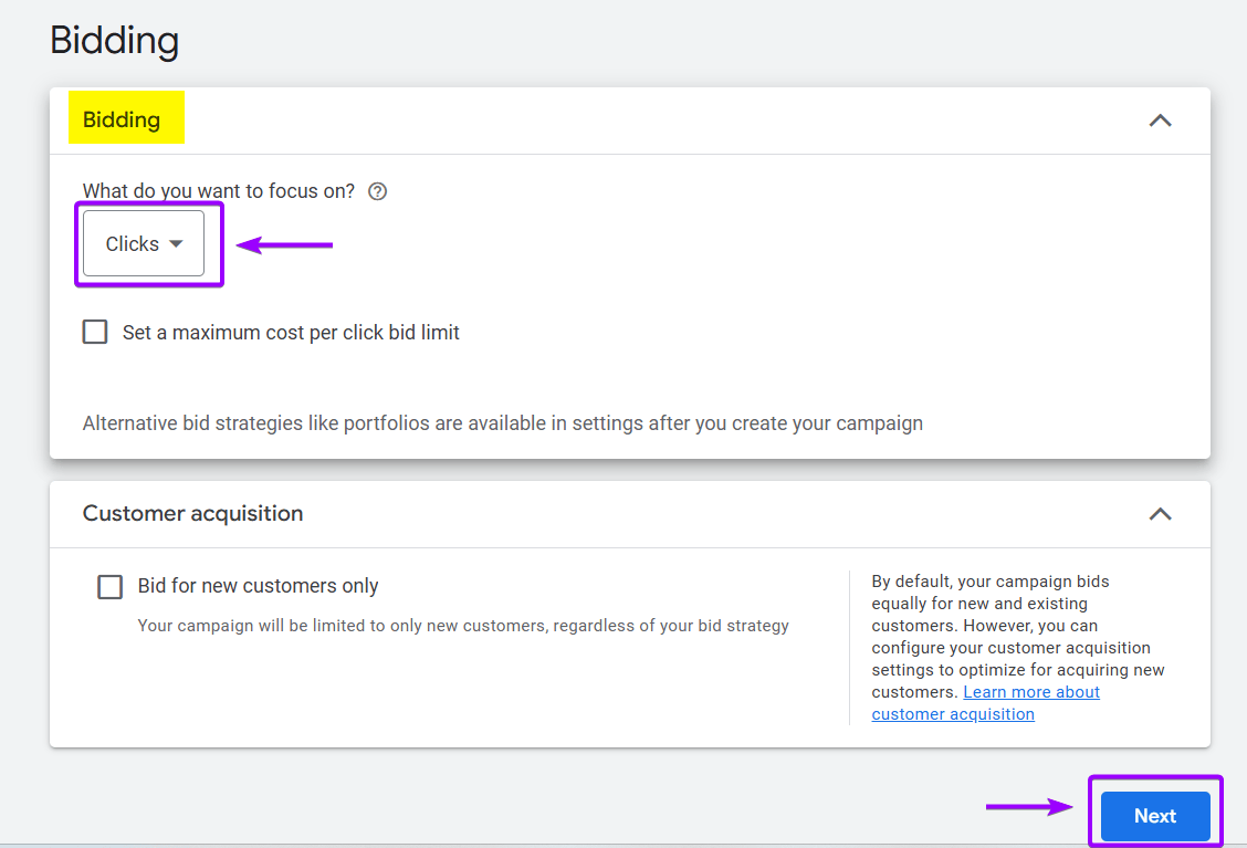 Google Ads bidding setup screen for a rehabilitation center, showing "Clicks" selected and the location to set a Maximum CPC bid limit.