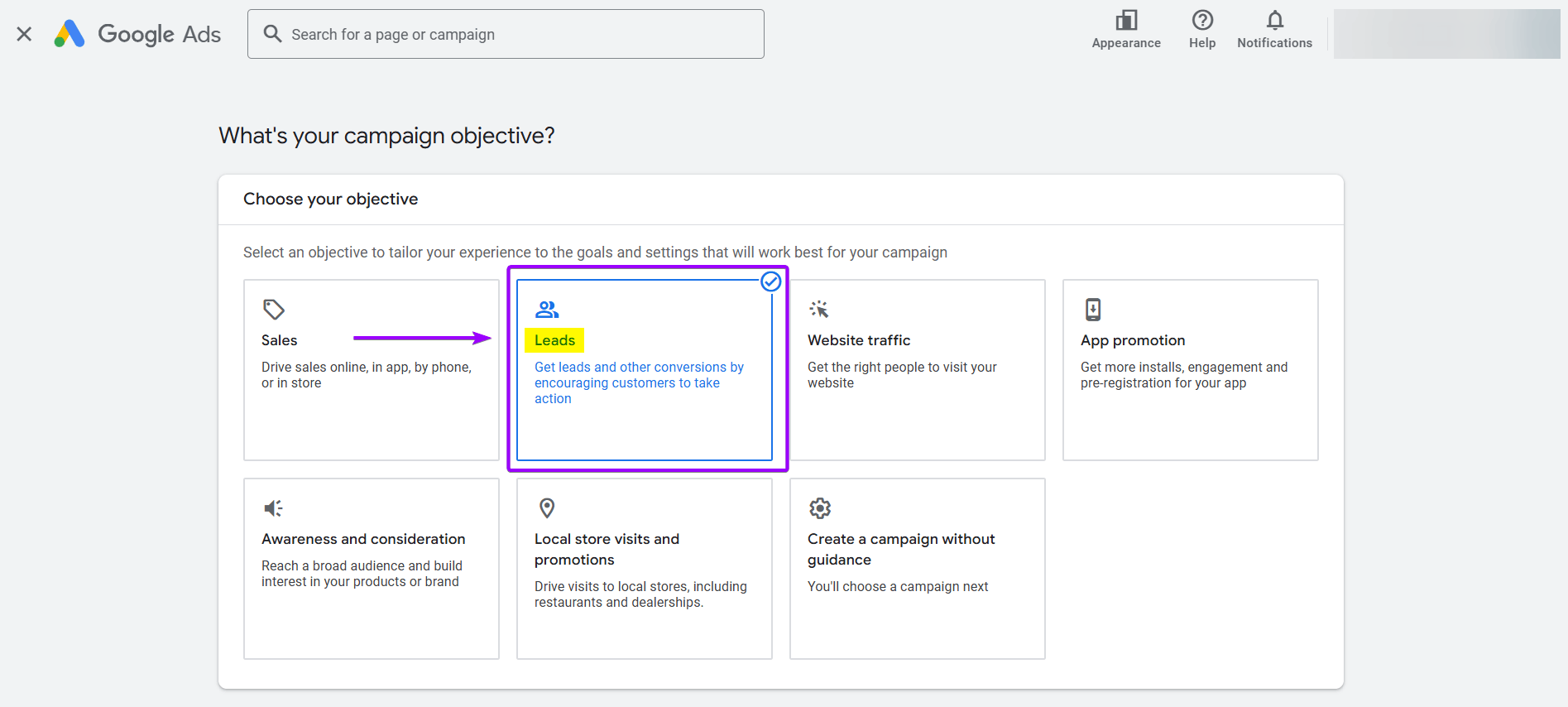 Google Ads campaign objective selection screen, showing "Leads" highlighted as the chosen objective for a rehabilitation center.