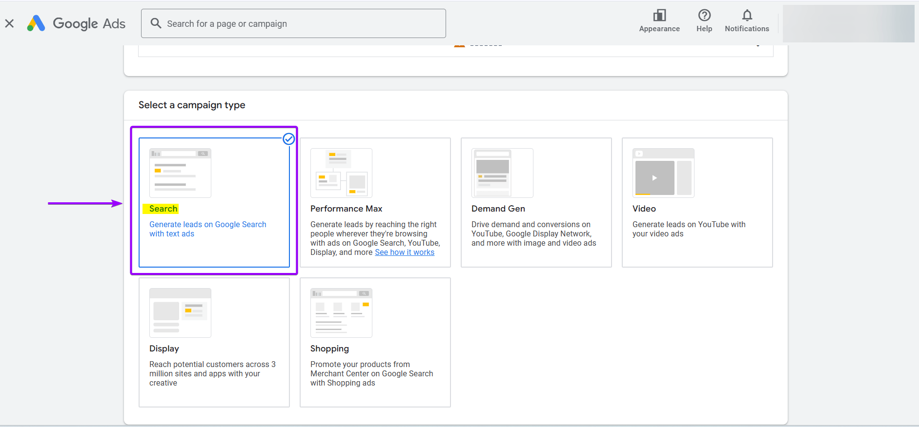 Google Ads campaign type selection screen, showing "Search" highlighted as the campaign type.