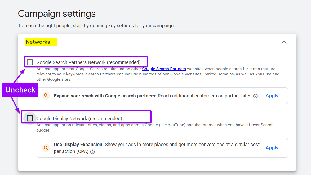 Google Ads campaign settings screen for a rehabilitation center, showing the checkboxes for "Google Search Partners Network" and "Google Display Network" to be unchecked.