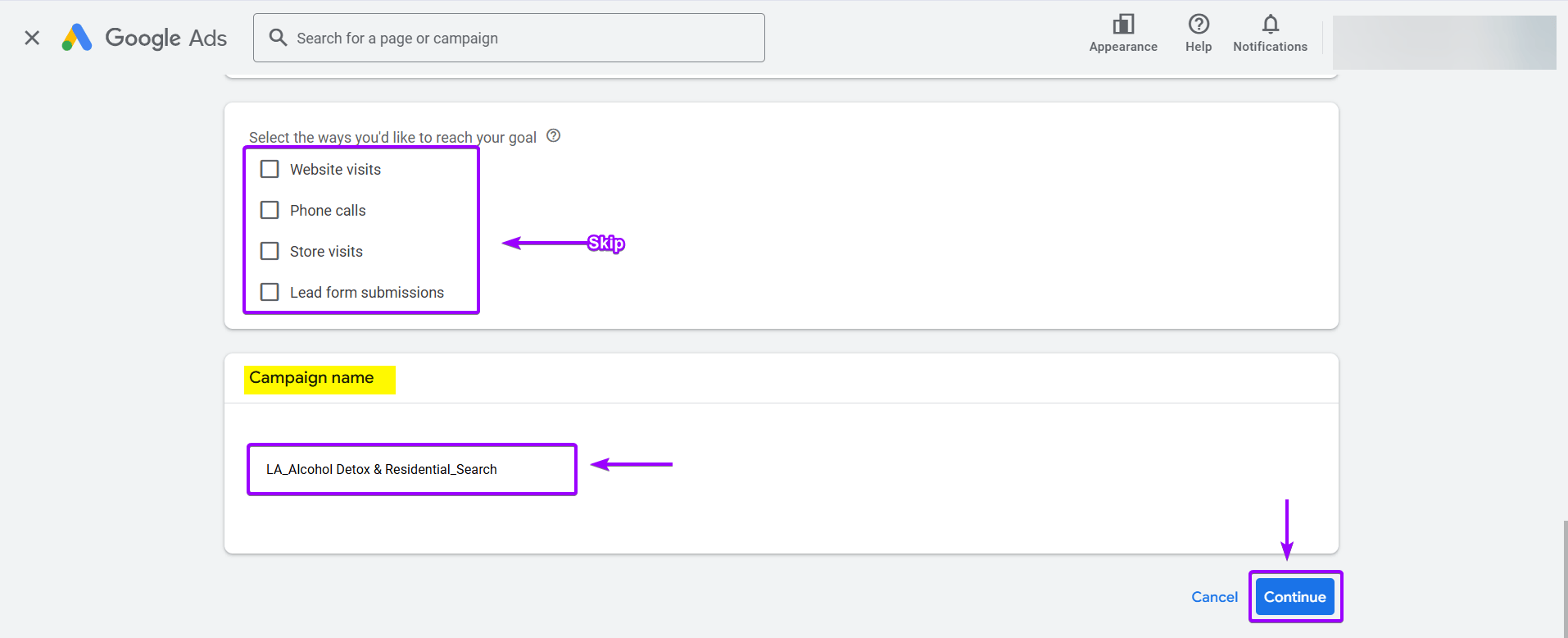 Google Ads campaign setup screen for a rehabilitation center, showing the location to enter the campaign name and the "Continue" button.