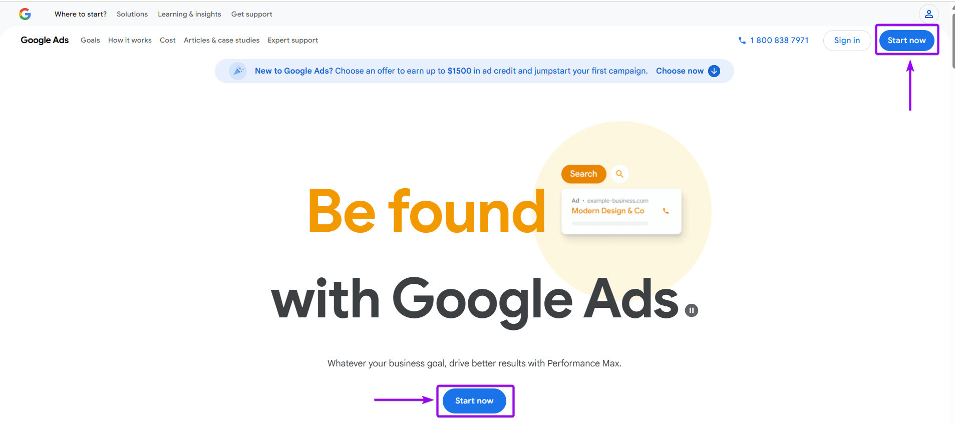 Google Ads homepage showing the two locations of the "Start now" button to begin account creation.