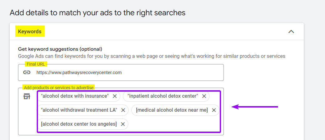 Google Ads Keywords screen showing the list of five exact match and phrase match keywords correctly entered for the Alcohol Detox Ad Group.